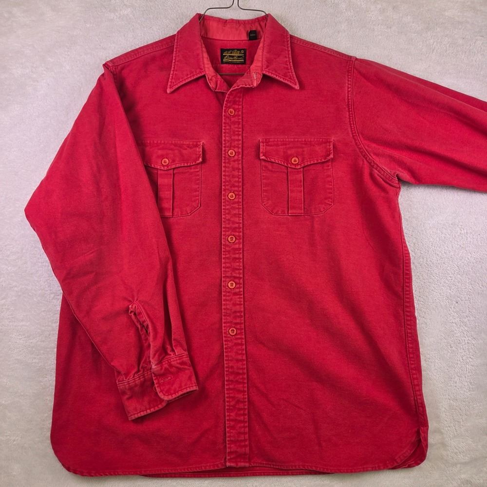 Vintage Eddie Bauer Mens XL Red Cotton Canvas Button Down Work Shirt Made in USA